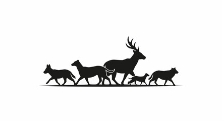 Silhouette of a deer family with wolves walking together.