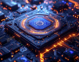 Close-up of a central processing unit, lit in vibrant blue and orange
