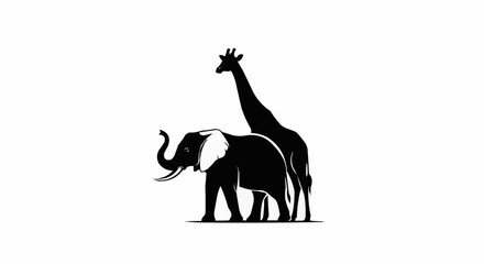 Majestic Elephant and Tall Giraffe Silhouettes Standing Together.