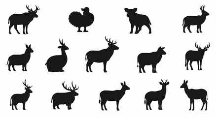 Silhouettes of Various Animals - Deer, Sheep, and Rooster.