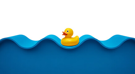 Yellow rubber duck on blue waves transparent background cute toy floating on water top view realistic 3d rendering