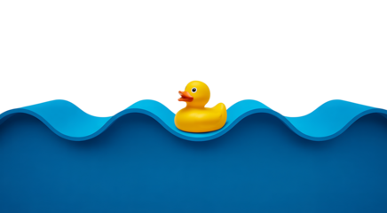 Yellow rubber duck on blue waves transparent background cute toy floating on water top view realistic 3d rendering