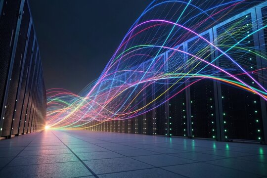 A vibrant display of colorful light trails in a data center, highlighting technology and connectivity in a modern digital environment.