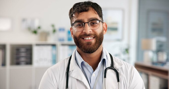 Portrait, doctor and man in hospital, smile and glasses with career ambition, pride and healthcare. Happy person, cardiology and professional in clinic, medical service and confidence with eyewear - Powered by Adobe