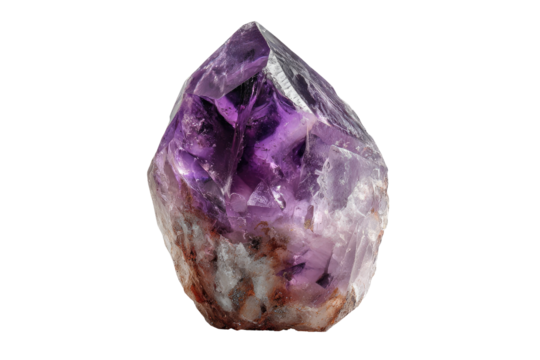 A close-up of a faceted, crystalline structure with shades of purple and white, isolated on black