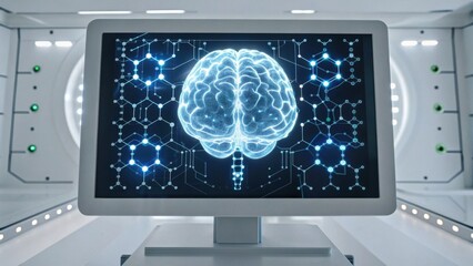 A glowing digital brain displayed on a monitor within a futuristic, high-tech environment, showcasing intricate molecular patterns.