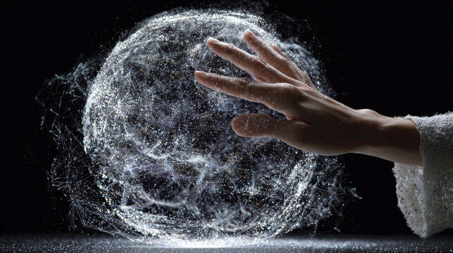 Woman’s hand gently interacts with a levitating glowing data sphere symbolizing technology connection and digital intelligence futuristic interface touch innovation and virtual interaction concept