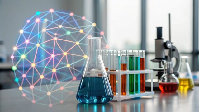 A laboratory scene featuring test tubes filled with colorful liquids and a molecular structure illustration, symbolizing scientific research and experimentation.