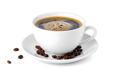 Aromatic Coffee Cup with Beans on White Background.