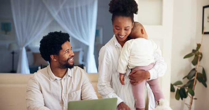 Happy, parents or child in home with laptop for insurance plan, online research or discussion. Family, baby or people in house with computer for financial security, health cover policy or feedback