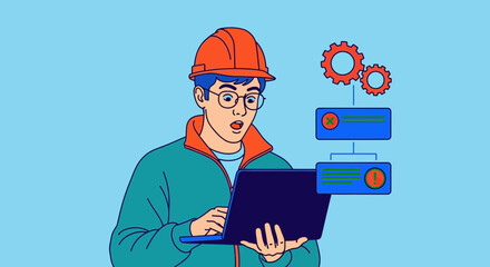 Surprised engineer with laptop sees program error flowchart issues