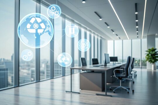 A modern office space featuring large windows, sleek furniture, and digital icons representing technology and sustainability concepts.