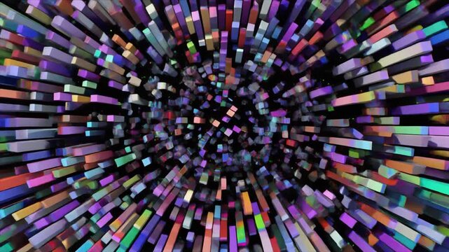 A vibrant explosion of multicolored geometric blocks and rectangular bars radiating outwards from a central point, creating a dynamic abstract background for futuristic digital concepts