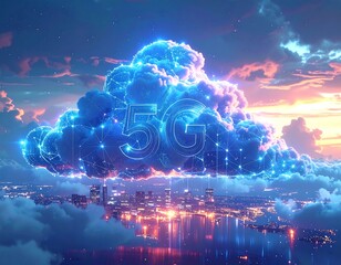Digital cloud above a cityscape, representing 5G connectivity