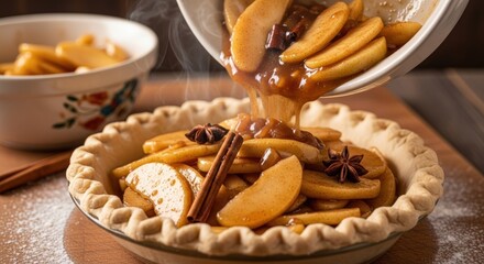Warm caramelized apple slices with cinnamon and star anise being poured into a raw pie crust, ready for baking a delicious dessert.
