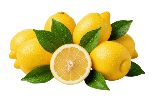 Vibrant yellow lemons, one cut in half showing glistening juicy pulp and vesicles, with fresh green leaves and delicate water droplets on a seamless transparent background. Concept of invigorating