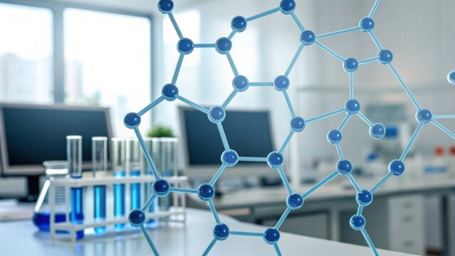 A modern laboratory scene featuring molecular structures, beakers, and a clean workspace, highlighting scientific research and experimentation.