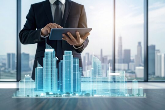 A business professional interacts with a digital city model, showcasing futuristic architecture through augmented reality in a modern office setting.