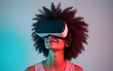 curly hair woman wearing virtual reality headset. High quality