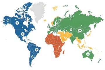 A colorful world map highlighting regions with distinct environmental indicators.