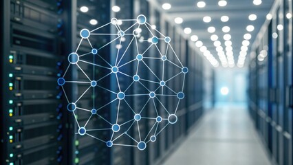 A modern data center scene featuring servers and a digital network graphic, symbolizing connectivity and technology.