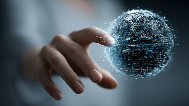 Woman’s hand gently interacts with a levitating glowing data sphere symbolizing technology connection and digital intelligence futuristic interface touch innovation and virtual interaction concept