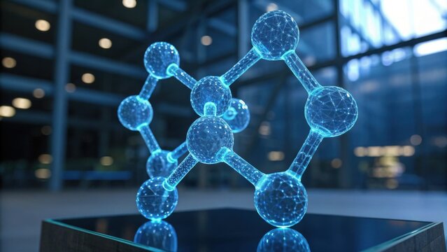 A futuristic holographic molecular structure displayed in a modern space, emphasizing technology and innovation in science.