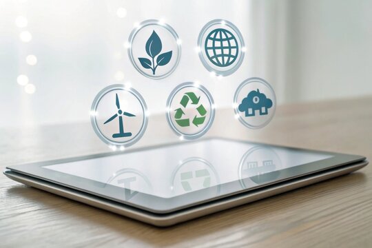 A tablet displays eco-friendly icons representing sustainability, renewable energy, and recycling, emphasizing a digital approach to environmental awareness.