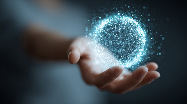 Woman's hand interacting with a levitating glowing data sphere emitting light and digital particles representing technology, innovation, futuristic interface, data visualization, and modern digital in