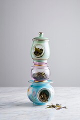 Stacked decorative jars filled with dried herbs and spices