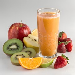 Fresh Mixed Fruit Juice in Glass Surrounded by Sliced Fruits