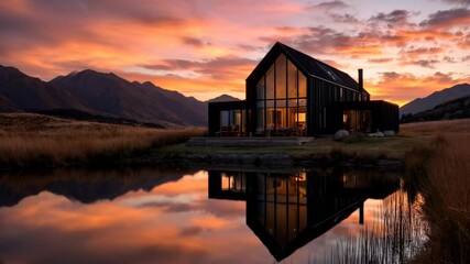 Modern black architecture house with large glass windows reflecting the dramatic orange sunset sky and mountains in the calm water below. Rural landscape at dusk.