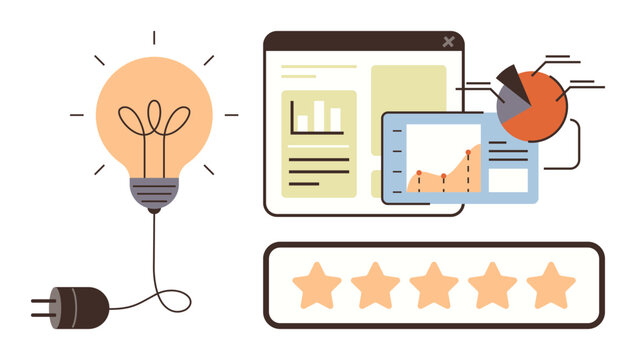 Light bulb, data charts, and star ratings highlighting growth, insights, innovation, and customer feedback. Ideal for business analysis, innovation, ratings performance strategy ideas teamwork