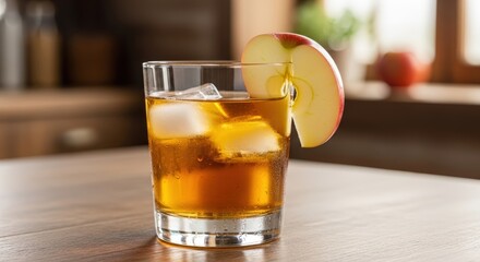 A refreshing amber-colored drink with ice cubes and an apple slice garnish on a wooden table in a home setting.