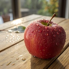 Fresh Red Apple with Water Drops on Wooden Table – Natural Light