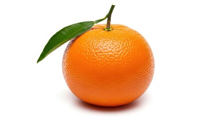 A vibrant, ripe orange with a fresh green leaf on a white background, showcasing its natural beauty.
