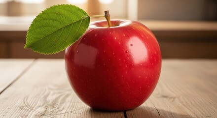 A vibrant red apple with a green leaf and stem, resting on a rustic wooden table, illuminated by soft natural light, showcasing its fresh and healthy appeal.