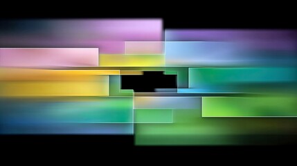 Abstract composition of overlapping horizontal rectangles in various colors with a motion blur effect against a black background.