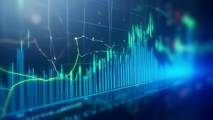Close-up of a digital display showing multiple financial charts and graphs in teal and lime green colors on a dark background - Powered by Adobe