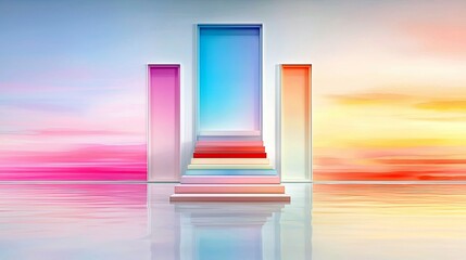 A surreal scene featuring rainbow-colored stairs ascending towards a glowing blue portal, framed by translucent pillars against a backdrop of vibrant, abstract