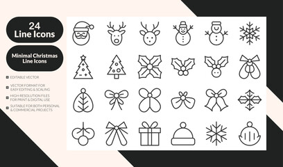 Christmas Outline Icon Set. Minimal Holiday Vector Collection with Santa, Snowman, Tree, Gift and Snowflake In EPS10 Vector Format