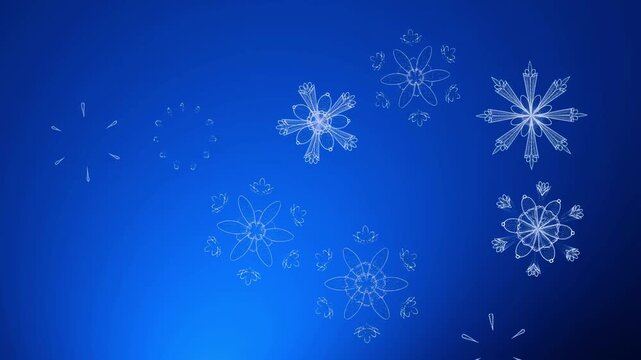 Intricate snowflakes slowly form from nothing, melt and reappear on a deep blue background, conveying fleeting winter magic.