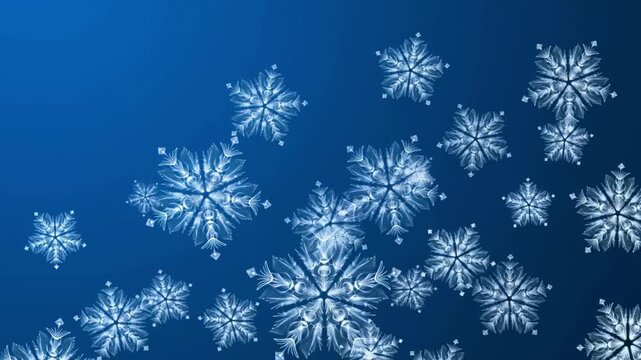 Intricate snowflakes slowly form from nothing, melt and reappear on a deep blue background, conveying fleeting winter magic.