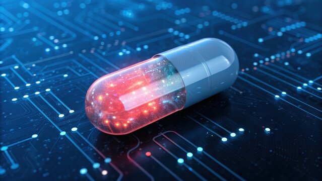 A futuristic capsule lies on a circuit board, blending technology and medicine in a visually striking digital scene.