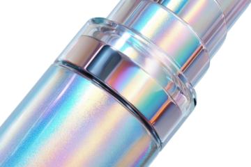 Close-up of a glossy, cylindrical object with layered, iridescent rings. Soft, diffused light