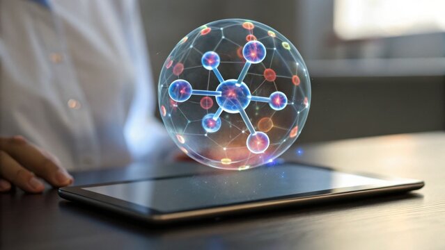 A person interacts with a tablet displaying a holographic representation of a molecular structure, symbolizing technology and science.