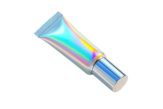 A holographic tube of beauty product, angled on a black background