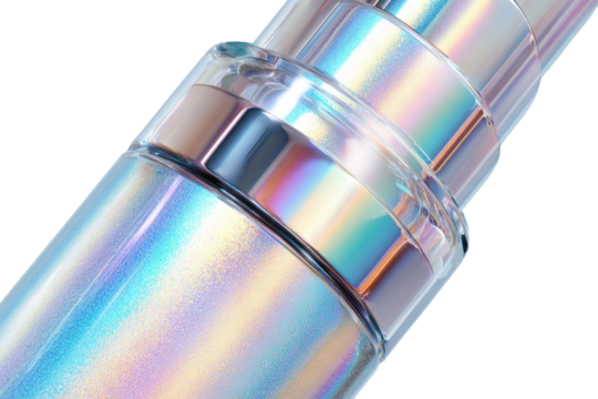 Close-up of a glossy, cylindrical object with layered, iridescent rings. Soft, diffused light