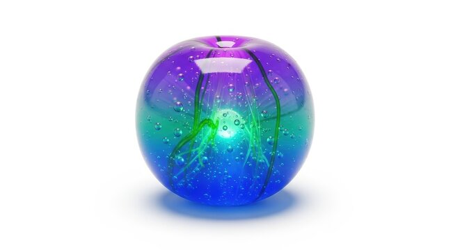 A vibrant glass sphere containing a glowing jellyfish-like creature with tentacles and bubbles, displaying a purple, green, and blue color gradient.