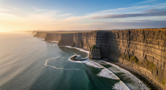 Majestic Cliffs of Moher at Golden Hour Sunset over Atlantic Ocean